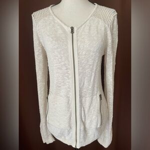 Lucky brand linen/cotton crochet boho knit zipper front cardigan pockets S/M